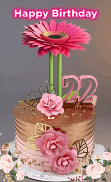 a birthday cake with pink flowers and the number 22 on it