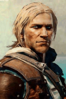 a close up of a man with blonde hair and a beard wearing a leather vest and armor .