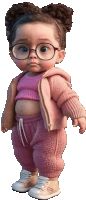 a little girl wearing glasses and a pink sweater