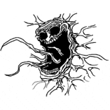 a black and white drawing of a monster with its mouth open coming out of a tree .