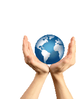 two hands holding a blue and white globe