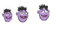 three purple cartoon heads with different facial expressions on a white background