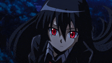 a girl with long black hair and red eyes