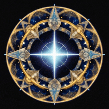 a blue and gold circle with a star in the center and a compass in the middle