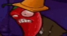 a cartoon of a red pepper wearing a hat and a suit .