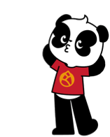 a cartoon panda bear wearing a red shirt and black pants is standing on a white background .