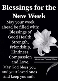 a black and white picture of a flower with the words blessings for the new week on it