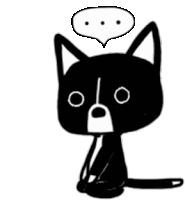 a black and white drawing of a cat with a speech bubble above its head .