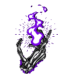 a skeleton hand holding a purple flame in its hands .