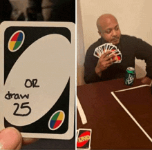 a person is holding a uno card and a man is playing uno .