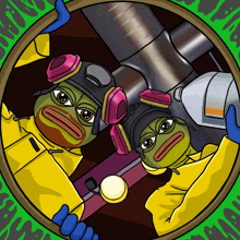 a cartoon drawing of two frogs wearing safety gear and gloves