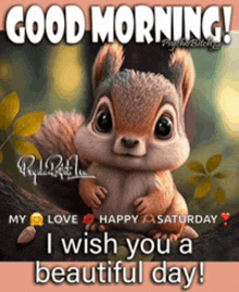 a cartoon squirrel is sitting on a tree branch and wishing someone a beautiful day .