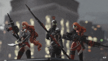 three action figures with red hair are holding guns and swords