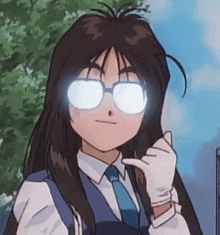 a girl wearing glasses and a tie is pointing at herself .