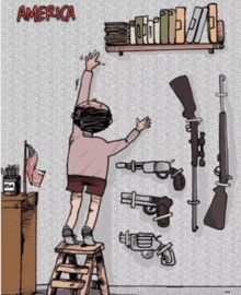 a cartoon of a boy on a ladder reaching for a shelf full of books