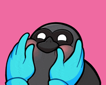 a cartoon penguin with blue gloves on its face