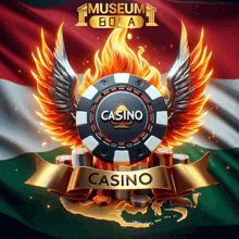 a poster for museum bola casino with a winged poker chip in the center