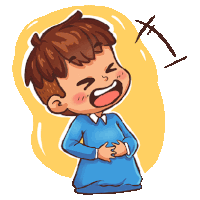 a cartoon drawing of a boy laughing with a cross behind him