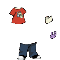 a cartoon drawing of a person 's clothes including a red shirt with a skull and headphones on it