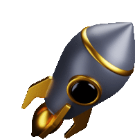 a gray and gold rocket with a black eye on it