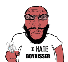 a man with a beard is wearing a shirt that says " i hate boykisser "