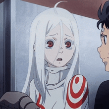 a girl with white hair and red eyes is looking at another girl