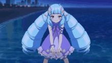 a girl with blue hair and a purple dress stands in front of the ocean