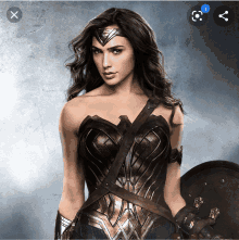 a woman in a wonder woman costume holds a shield in her hand