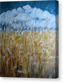 a painting of tall grass against a cloudy blue sky