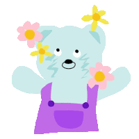 a blue teddy bear wearing purple overalls and pink flowers