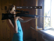 a woman holding a rifle in front of a window with a sticker that says ciel_tyan on it