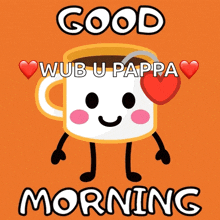 a picture of a cup of coffee with arms and legs and the words good morning wub u pappa