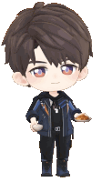 a boy in a blue jacket is holding a plate of food in his hand