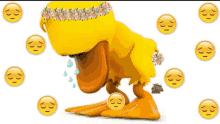 a duck with a flower crown on its head surrounded by sad emojis