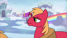 a red pony with a green eye is standing in front of a rainbow