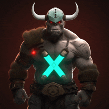 a cartoon character with horns and a glowing x on his chest