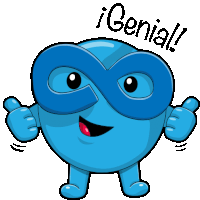 a cartoon character wearing a mask and giving a thumbs up with the word genial below it