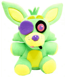 a green and yellow stuffed animal with a purple eye and a purple nose