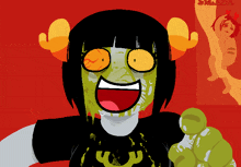 a cartoon of a girl with a green face and horns