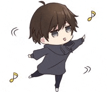 a chibi boy in a hoodie is dancing with music notes around him .