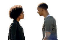 a man and a woman are looking at each other with a white background