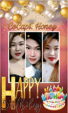 a birthday card for cocapt honey with balloons and a cake