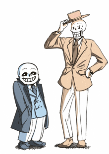 a drawing of two skeletons dressed in suits and hats