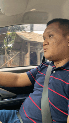 a man wearing a blue and red striped shirt is sitting in a car