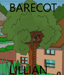 a cartoon house with a treehouse in the backyard and the words barecot written on the bottom