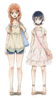 two anime girls are standing next to each other and one has a bunny purse