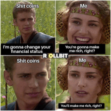 a picture of a man and a woman with a caption that says shit coins