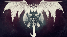 a drawing of a dragon with wings and a sword on a dark background