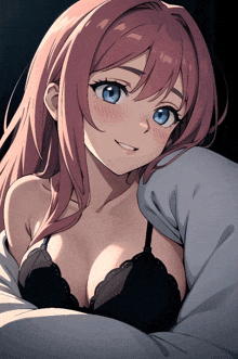 a girl with pink hair and blue eyes is wearing a black bra and smiling