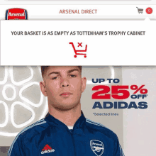 an ad for arsenal direct shows a man wearing a blue adidas jacket